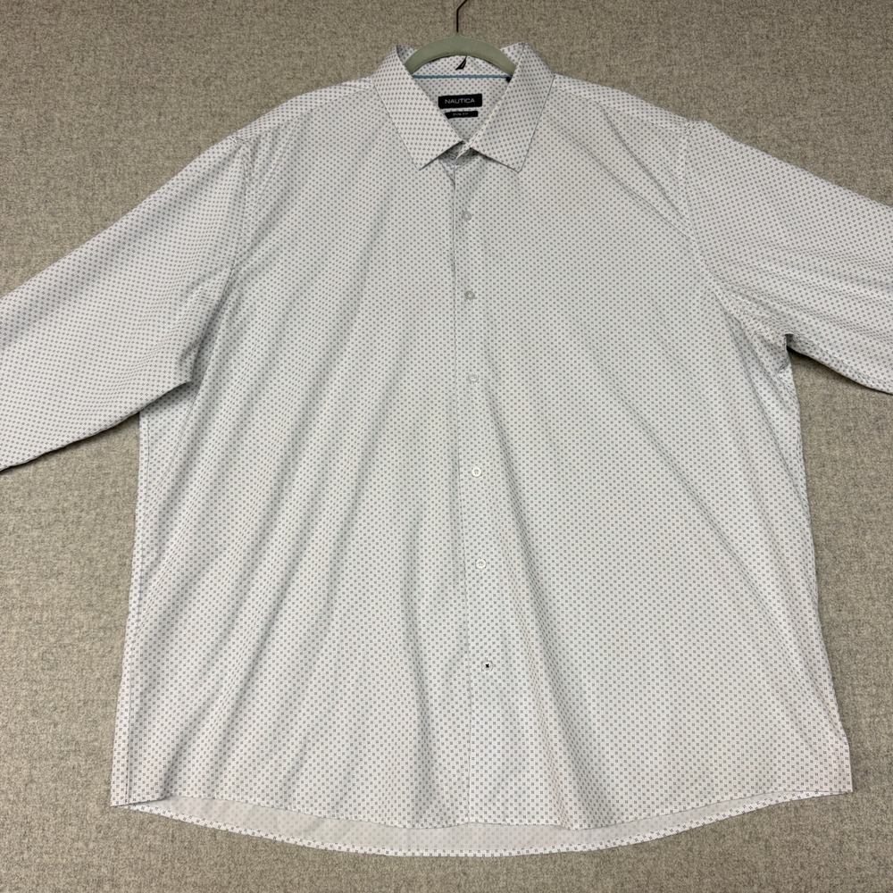 Nautica Dress Shirt 3XL White Blue Geometric Slim Fit Long Sleeve Stretch